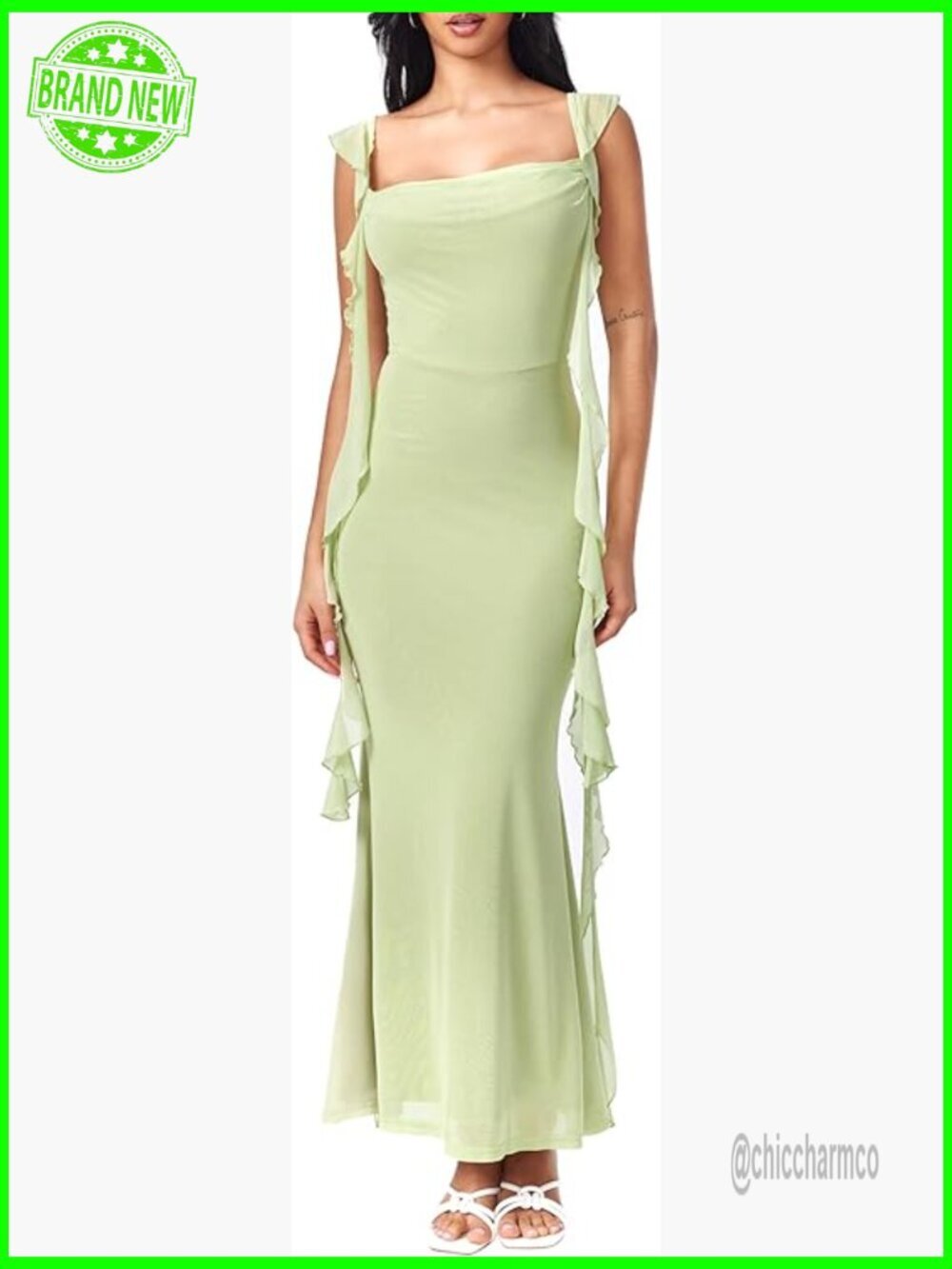 Sleeveless Mesh Ruffle Maxi Dress Formal Wedding Guest Cocktail